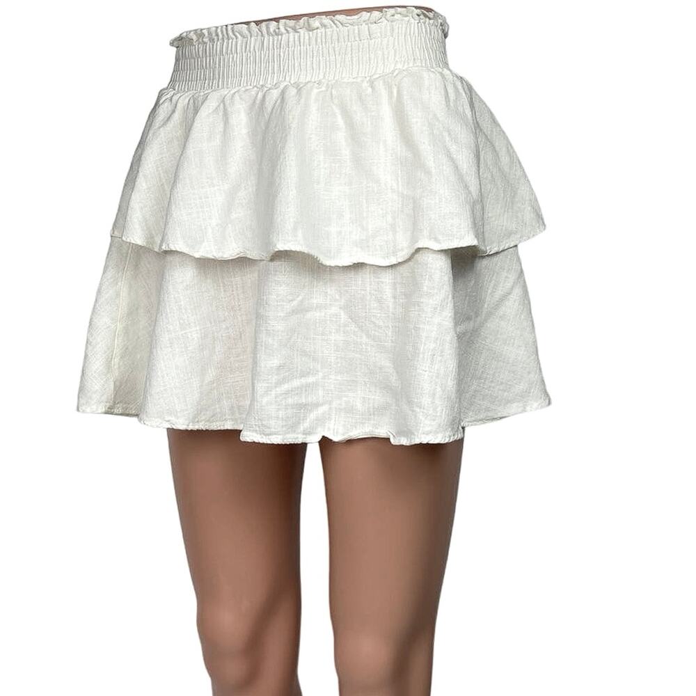 Princess Polly White Linen Tiered Layered Smocked Ruffle Peasant Mini Skirt Sz 4